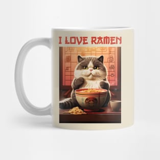 Quirky Chubby Kitty Cat Eating Ramen - I Love Ramen Mug